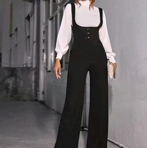 SHEIN Black High-Waist Wide-Leg Button-Front Jumpsuit